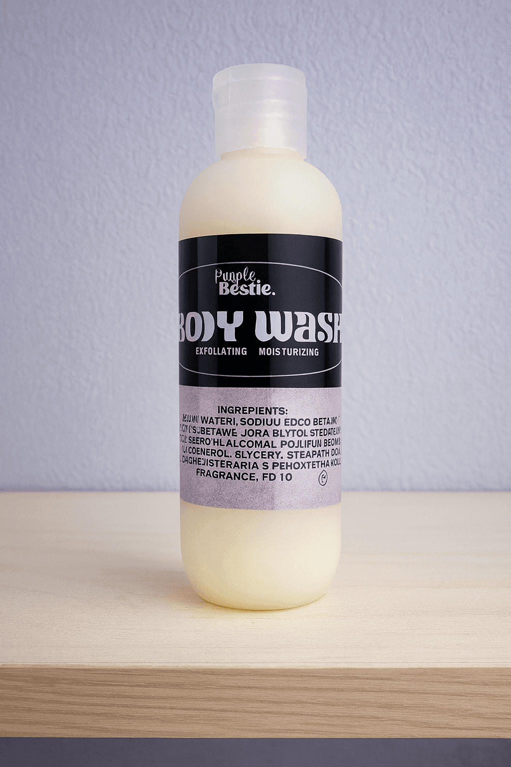 Bottle of Purple Bestie exfoliating moisturizing body wash on a wooden shelf.