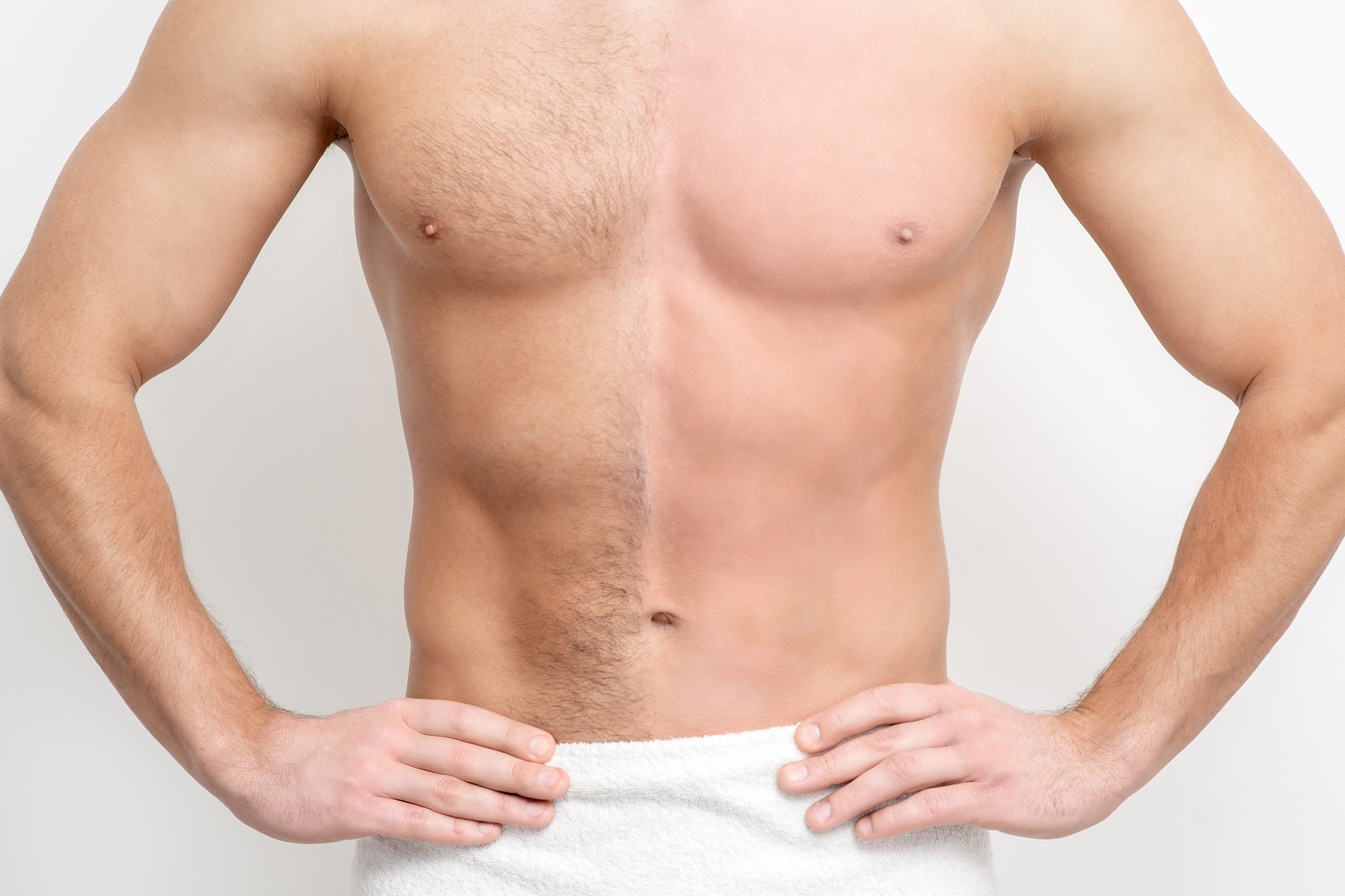 Man with bare-chested before and after waxing hair